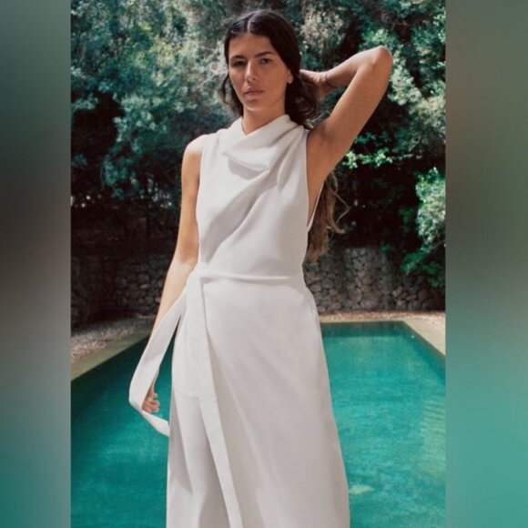 NWT ZARA White Sleeveless Cowl Neck Belted Jumpsuit S BLOGGER FAV - Picture 3 of 16